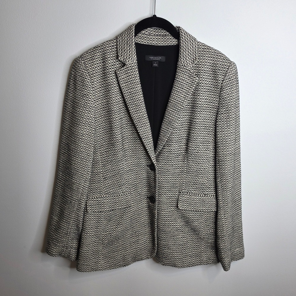 Ann Taylor The Greenwich Blazer Womens Size 4 Black White Textured Tweed Jacket